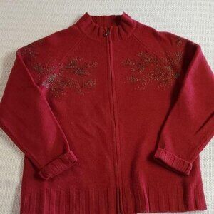 Woolrich Wool Hand Embroidered Front & Back Burgandy Red Sz. L Zippered Cardigan